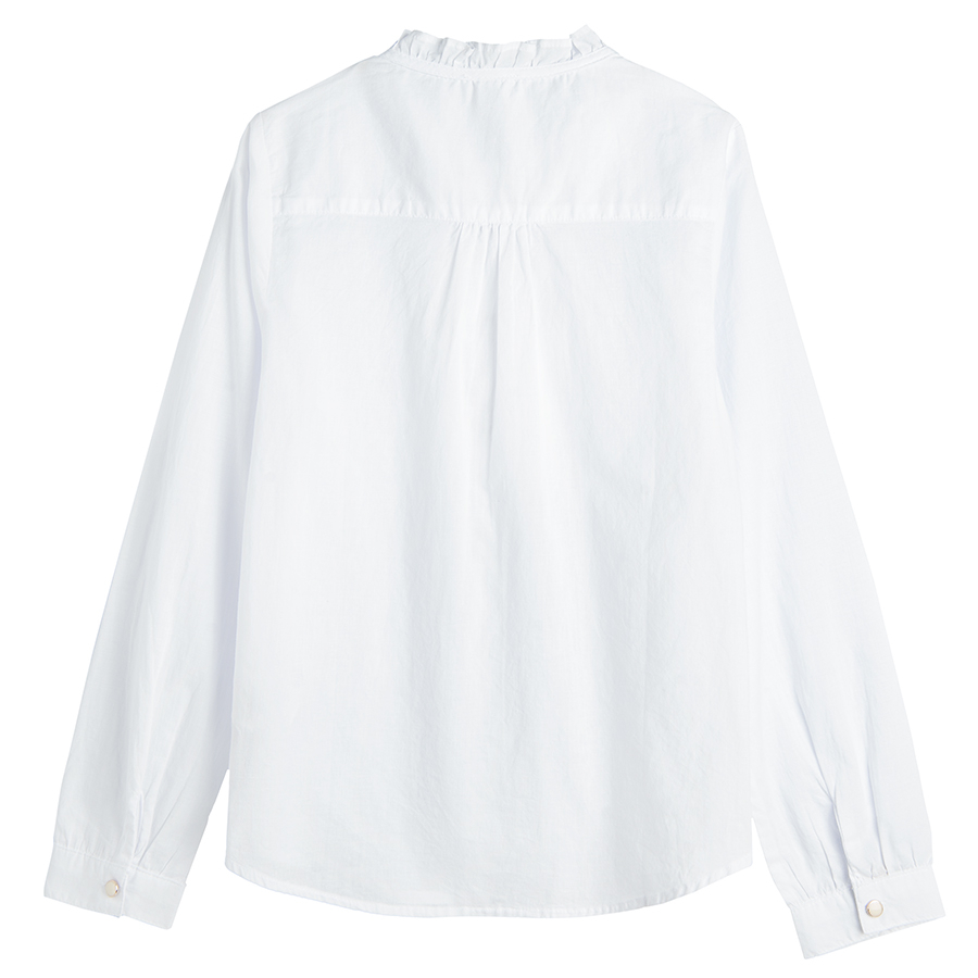 White long sleeve button down shirt with ruffles