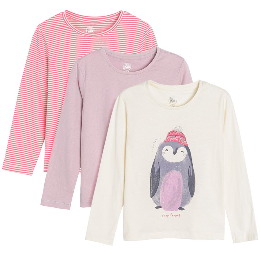 White with penguin print pink and red striped long sleeve blouses 3 pack