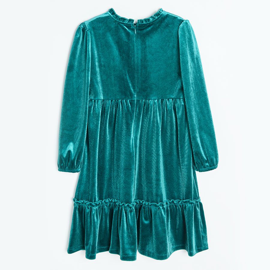Φόρεμα μακρυμάνικο πράσινο βελουτέ με βολάν