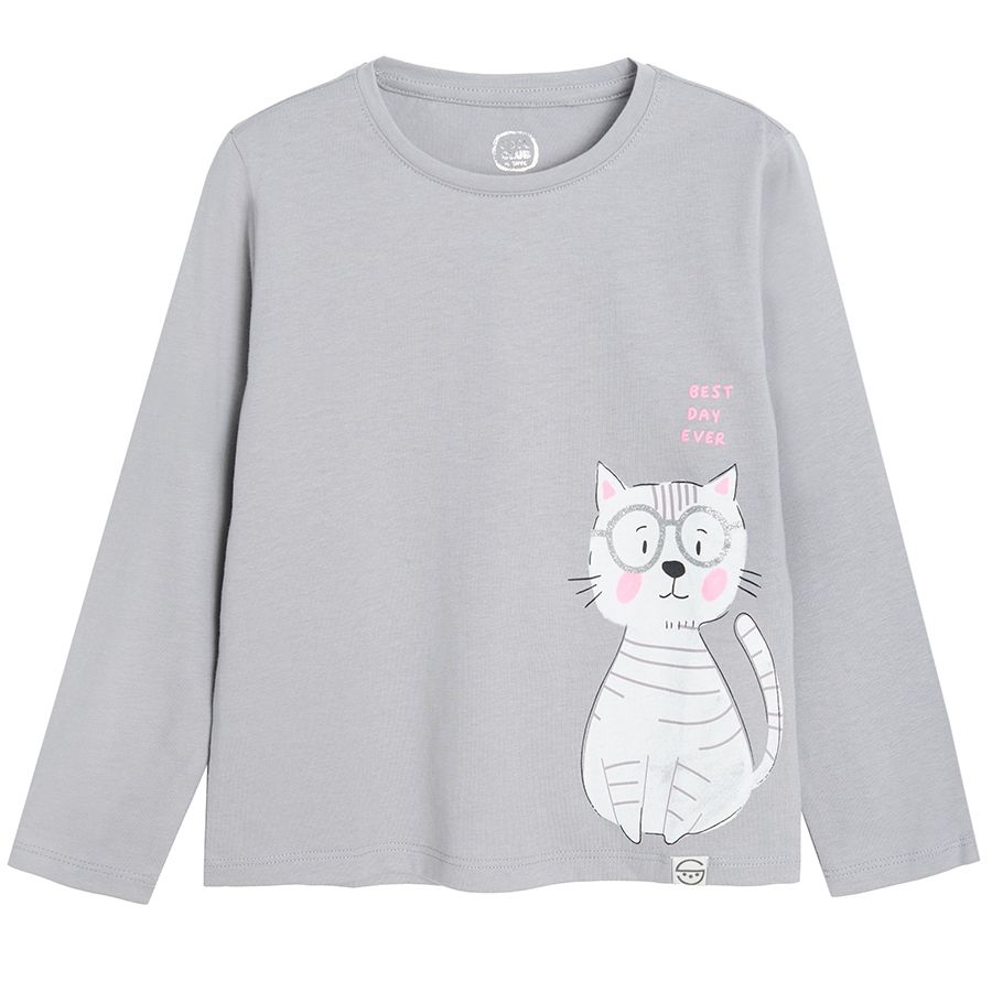 Grey long sleeve blouse with cat Best day ever print