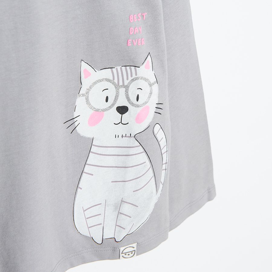 Grey long sleeve blouse with cat Best day ever print