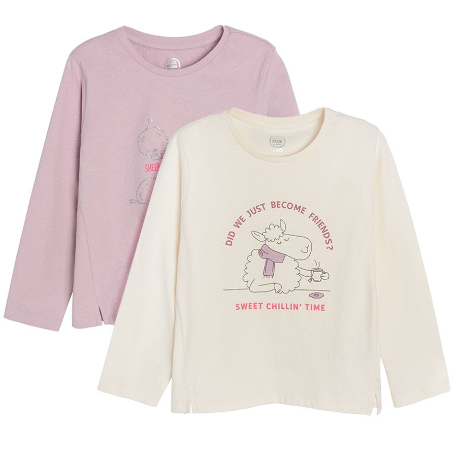 White and dusty pink long sleeve blouses with sheep print 2 pack