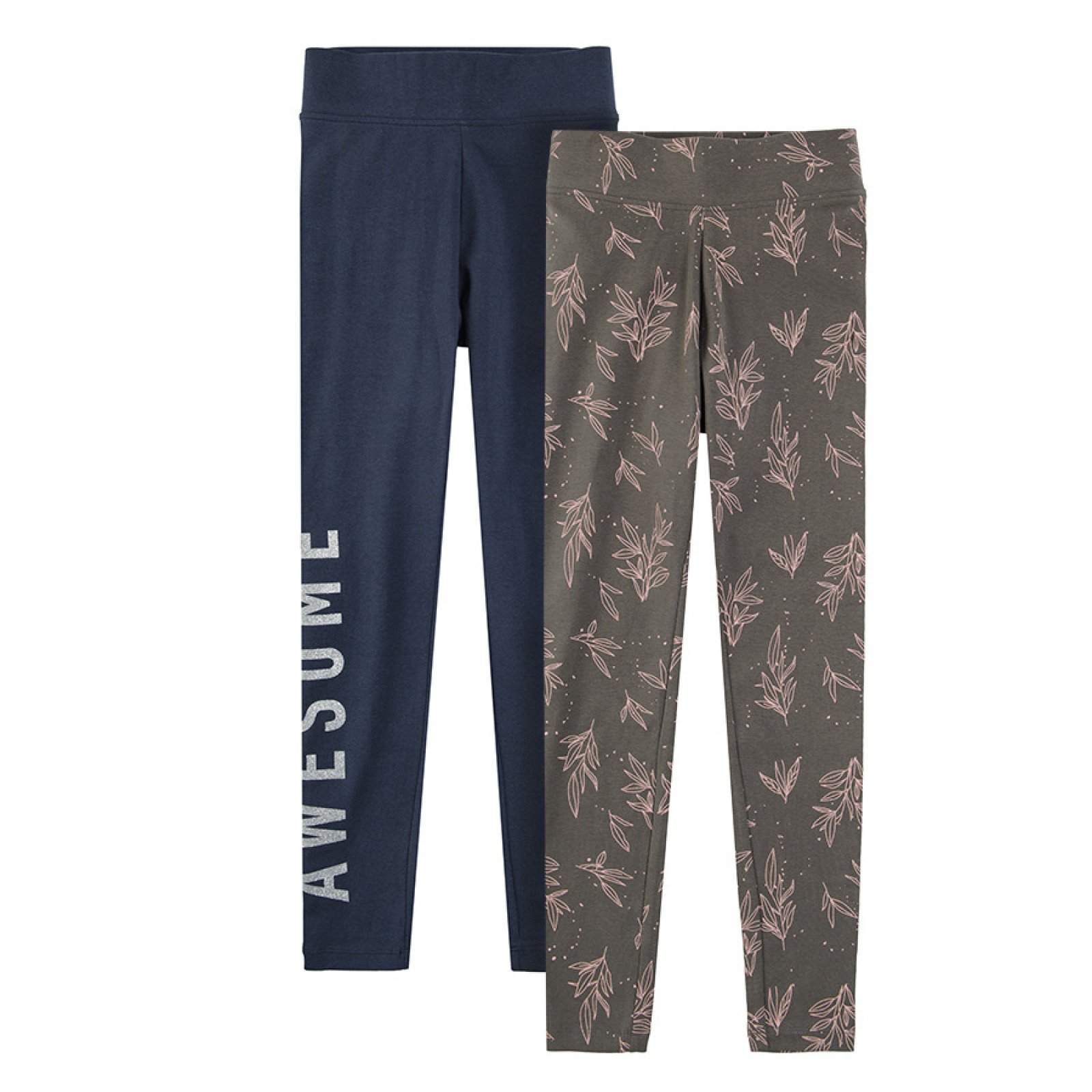 Blue with Awesome print and grey with leaves print leggings 2 pack