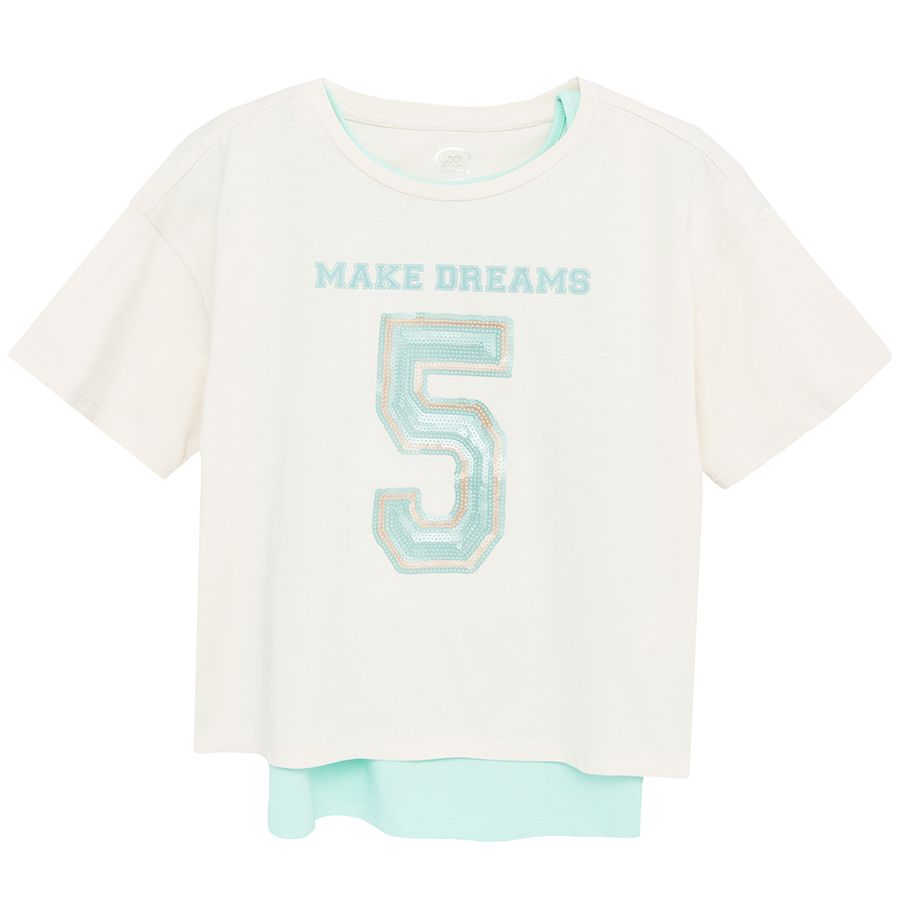 White and green two piece short sleeve blouse with Make dreams print
