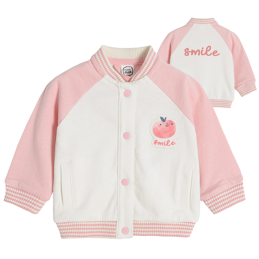 White zip through sweatshirt with pink sleeves