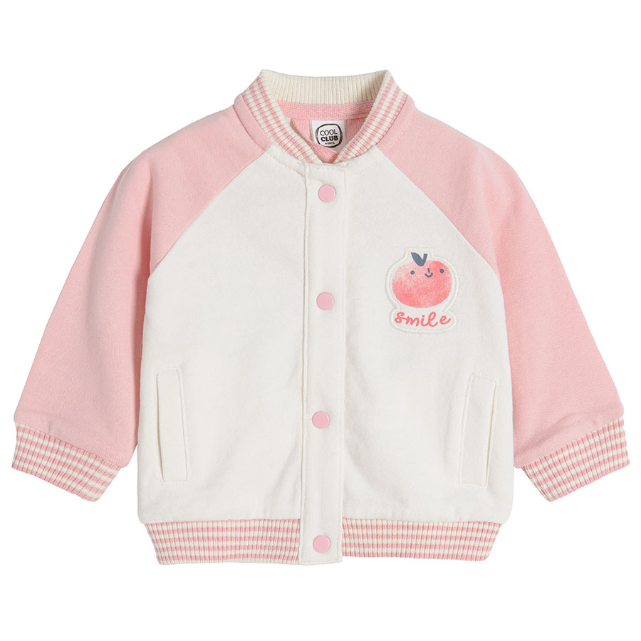 White zip through sweatshirt with pink sleeves