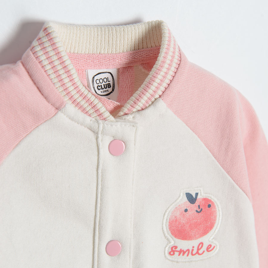 White zip through sweatshirt with pink sleeves