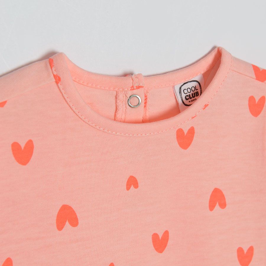 Fluo coral short sleeve dress with hearts print