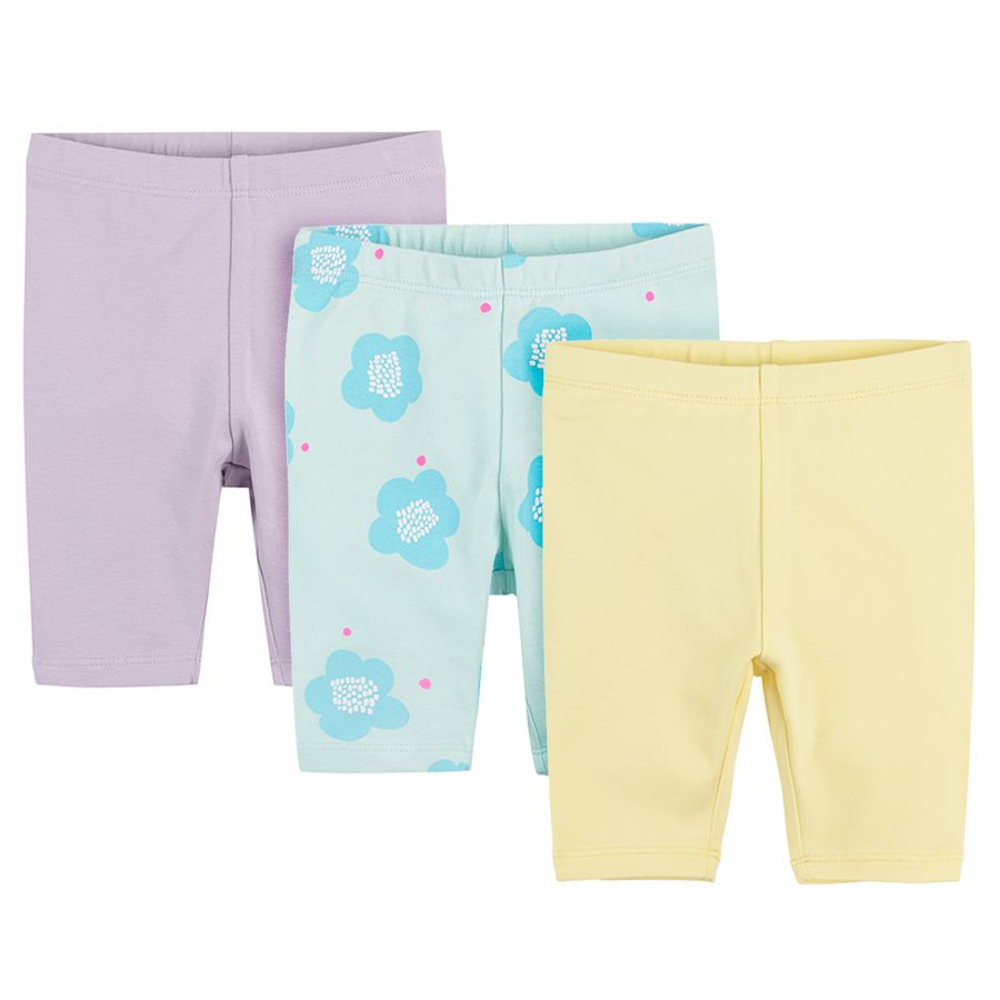 Yellow purple light blue with flowers 3/4 leggings- 3 pack