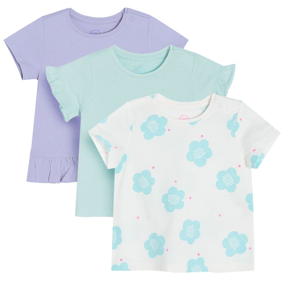 Light blue violet and white with flowers short sleeve T-shirts - 3 pack