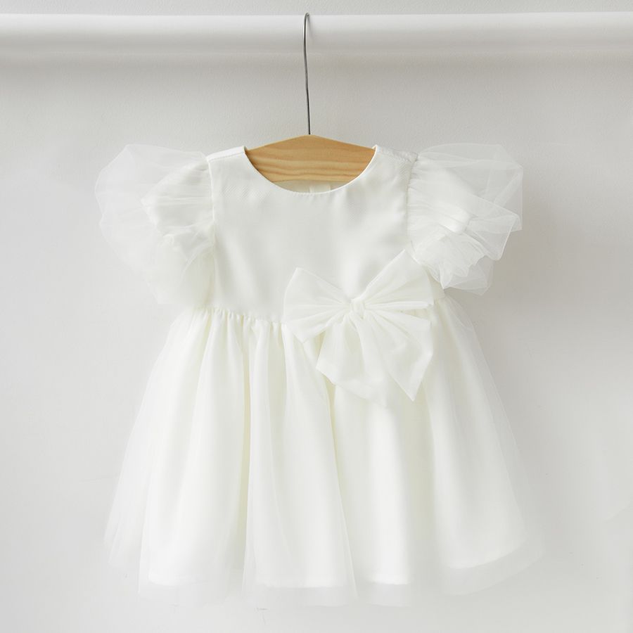 Φόρεμα κοντομάνικο λευκό με τούλι και φιόγκο