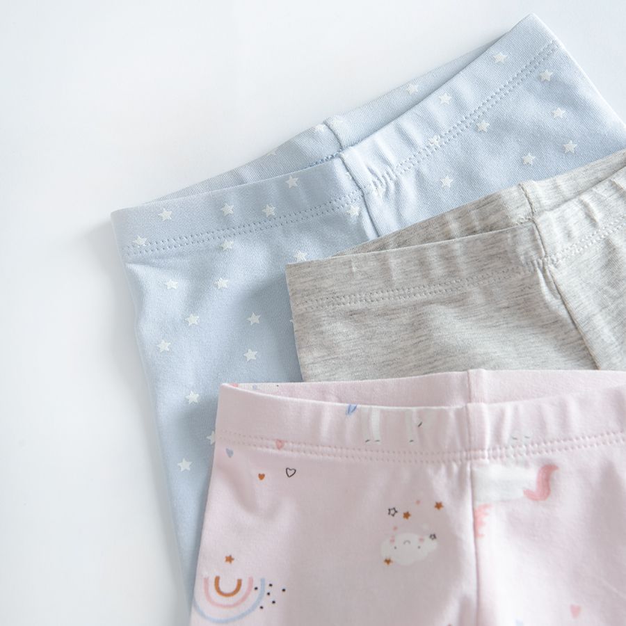 Pink with unicorns grey blue with stars 3/4 leggings - 3 pack