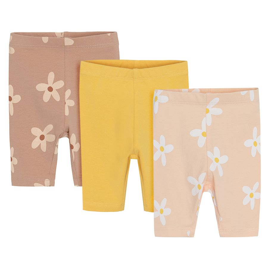 Brown and pink with daisies and yellow 3/4 leggings - 3 pack