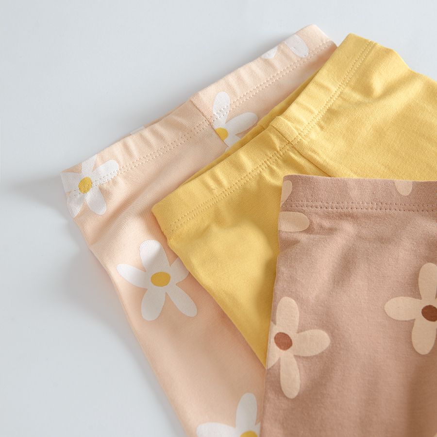 Brown and pink with daisies and yellow 3/4 leggings - 3 pack