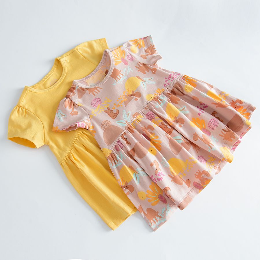 Little brown with camels and yellow short sleeve dresses - 2 pack