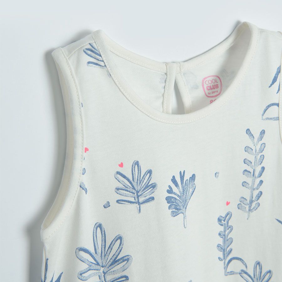 Cream sleeveless summer dress with leaves print