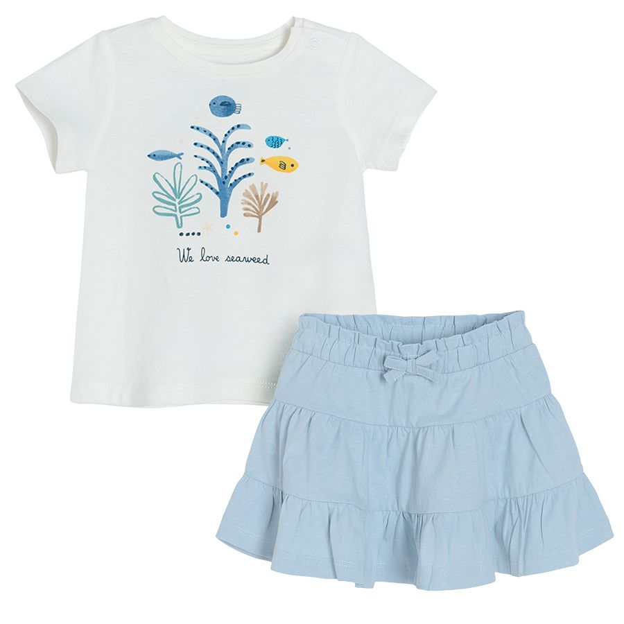 White short sleeve T-short with sea world print and blue skirt with embroidered pattern