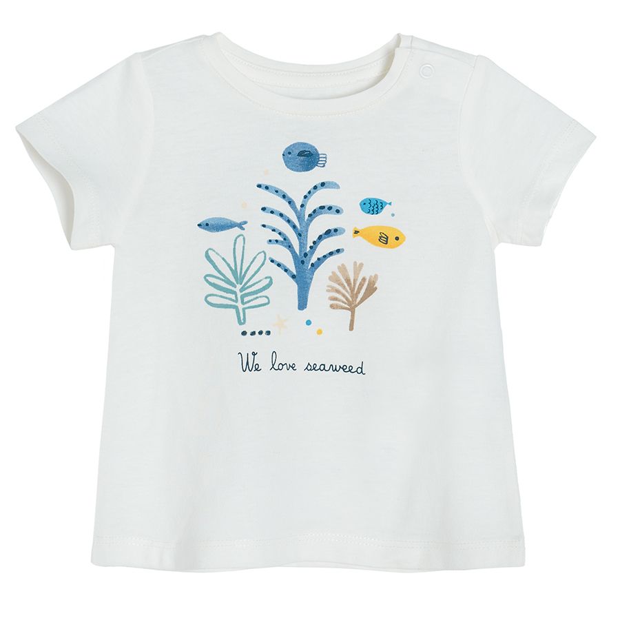 Σετ κοντομάνικη μπλούζα λευκή με στάμπα we love seaweed και γαλάζια φούστα