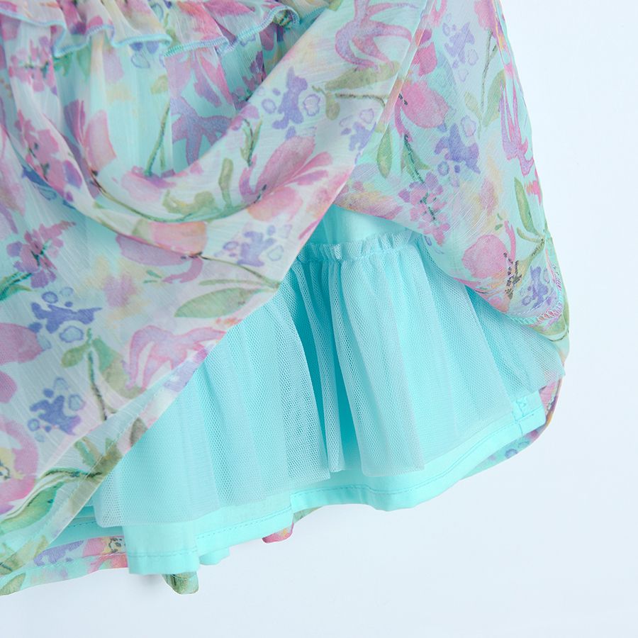 Φόρεμα κοντομάνικο γαλάζιο με στάμπα μωβ λουλούδια