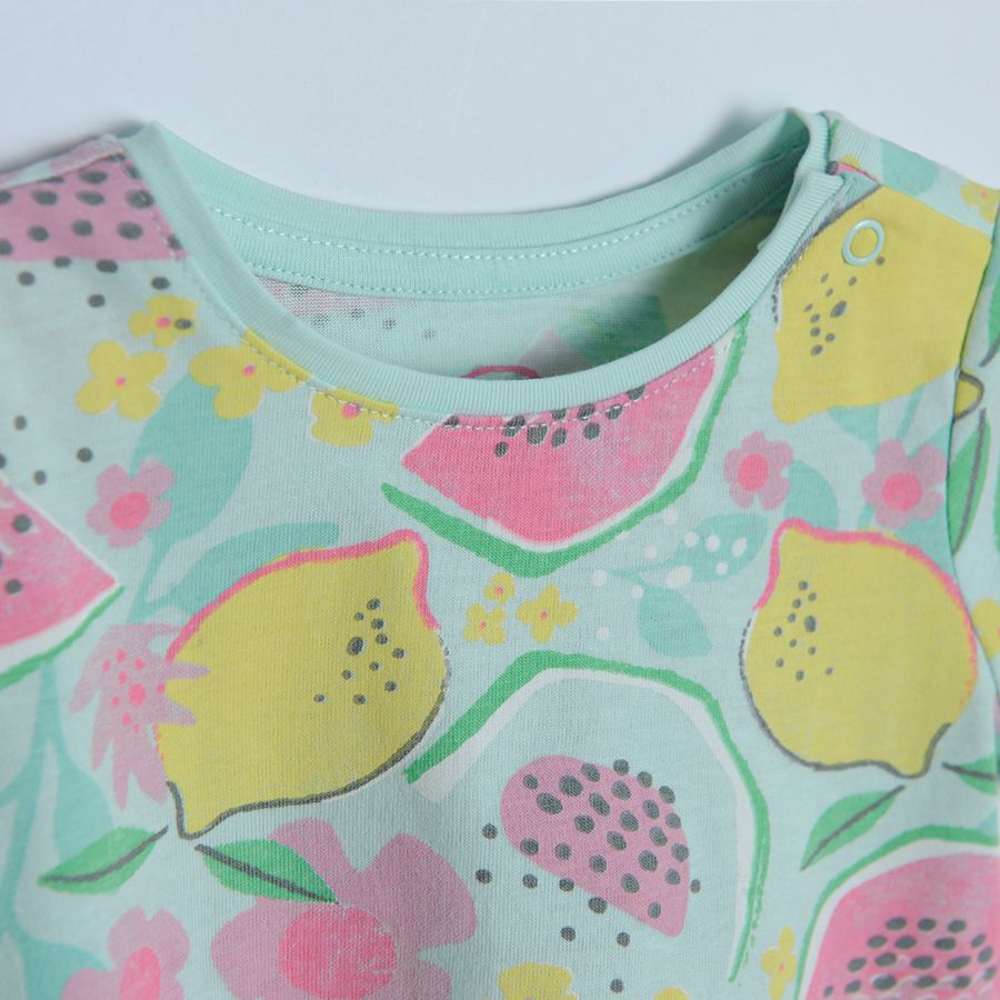 Light green short sleeve T-shirt with watermelons and lemons print