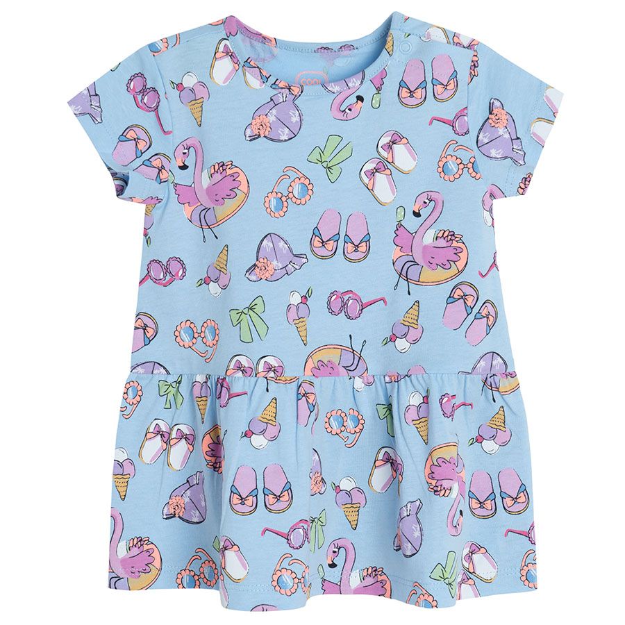 Light blue short sleeve summer dress with summer theme print and flamingos