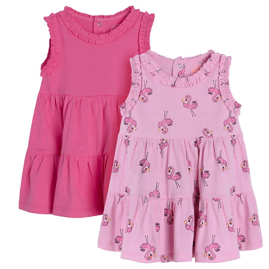 Fuchsia and pink with flamingos sleeveless summer dresses - 2 pack