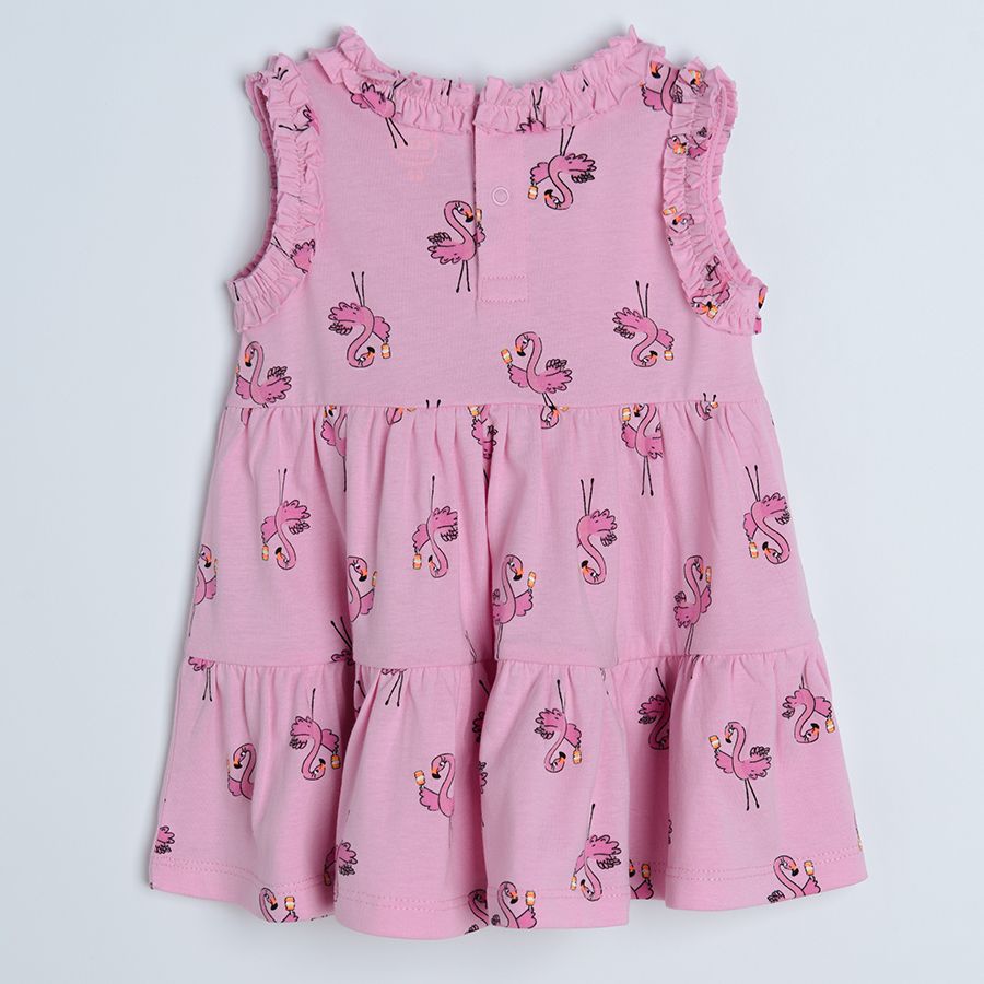 Φόρεμα 2 τμχ αμάνικα ροζ σκούρο και ροζ ανοιχτό με στάμπα φλαμίνγκο και βολάν