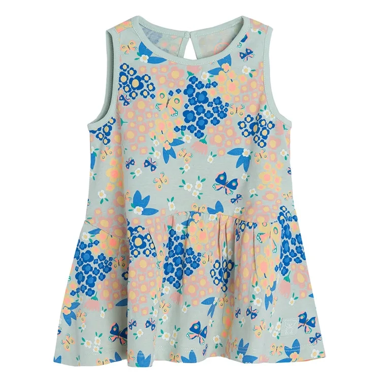 Olive sleeveless summer dress with flowers and butterflies print