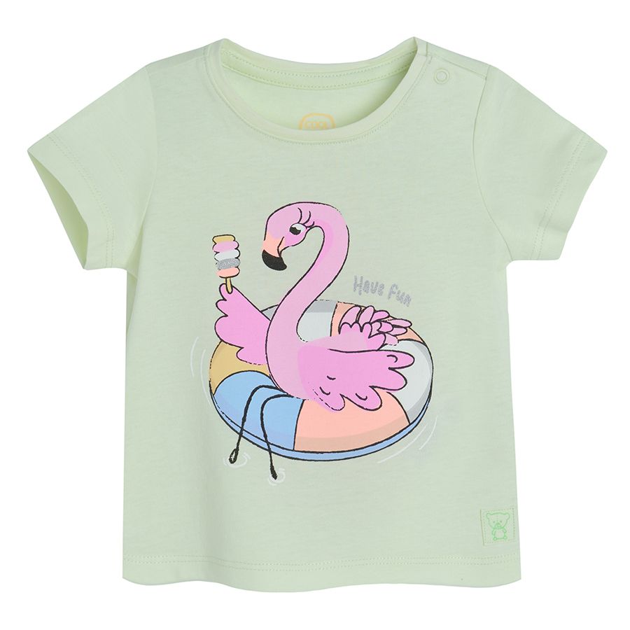 Light green short sleeve T-shirt with flamingo floatie