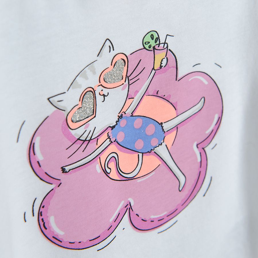 Cream short sleeve T-shirt with kitten on floatie and fringes