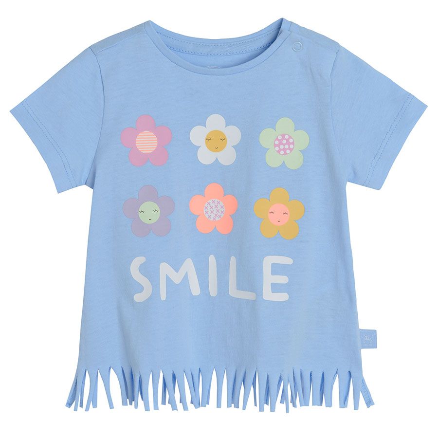 Μπλούζα κοντομάνικη μπλε με κρόσια και στάμπα smile με λουλούδια