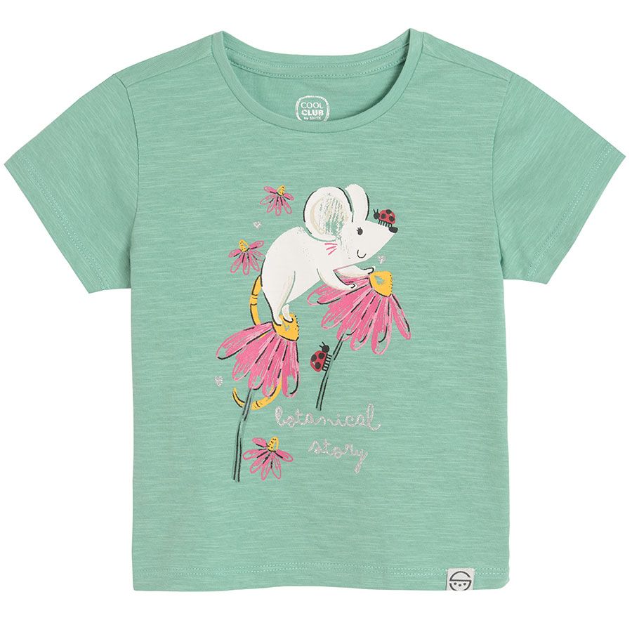 Green short sleeve T-shirt with mouse on flowers print