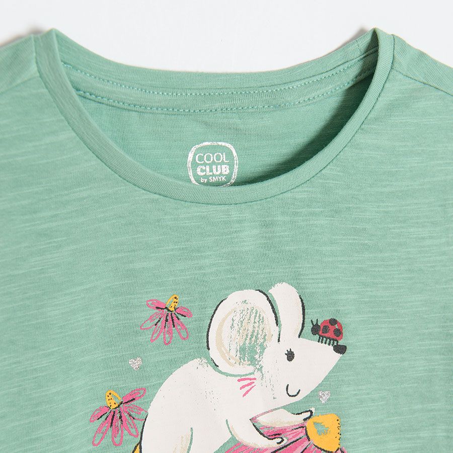 Green short sleeve T-shirt with mouse on flowers print