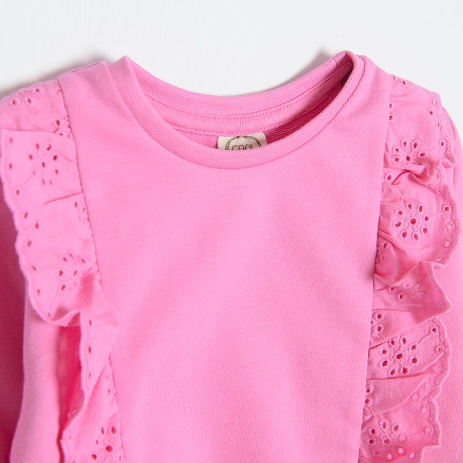 Pink sweatshirt with two vertical ruffles