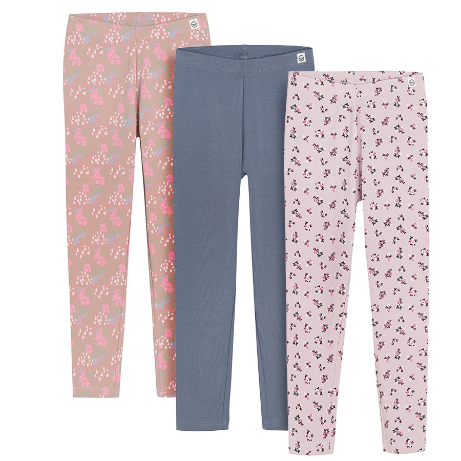 Grey light pink and coral floral leggings - 3 pack
