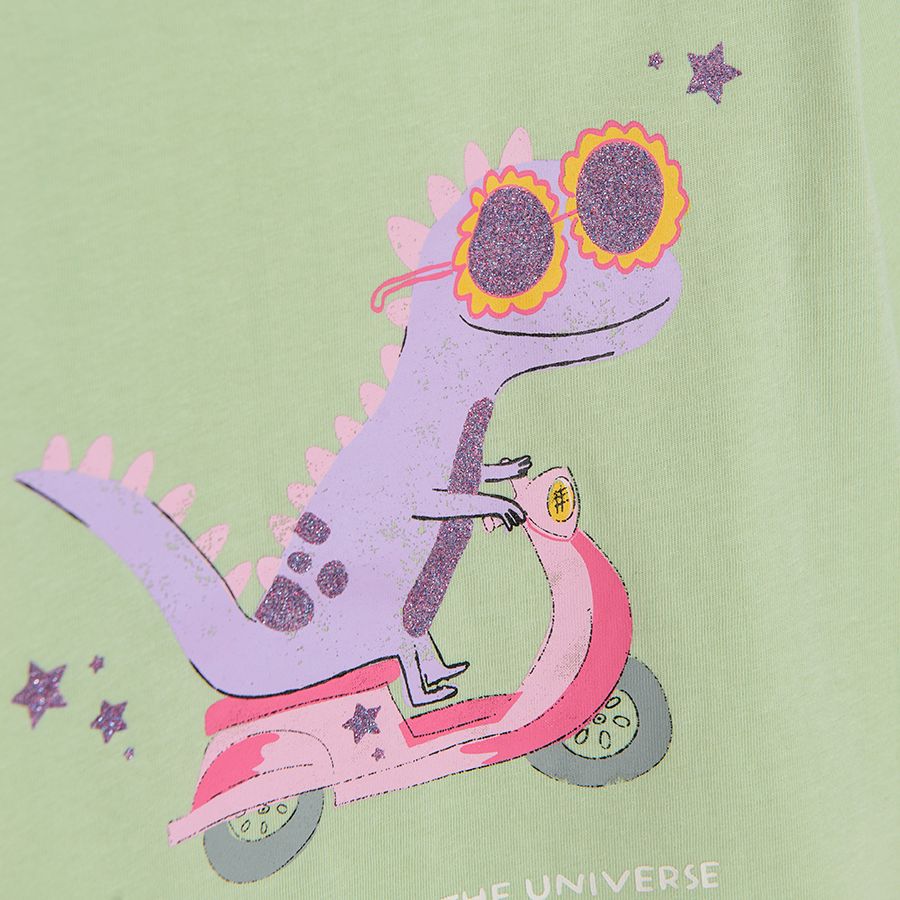 Light green long sleeve T-shirt with dinosaur on motorbike print