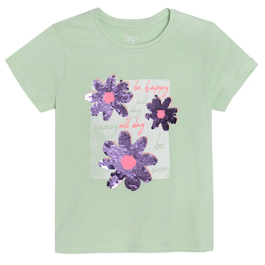 Light green short sleeve T-shirt with flowers print