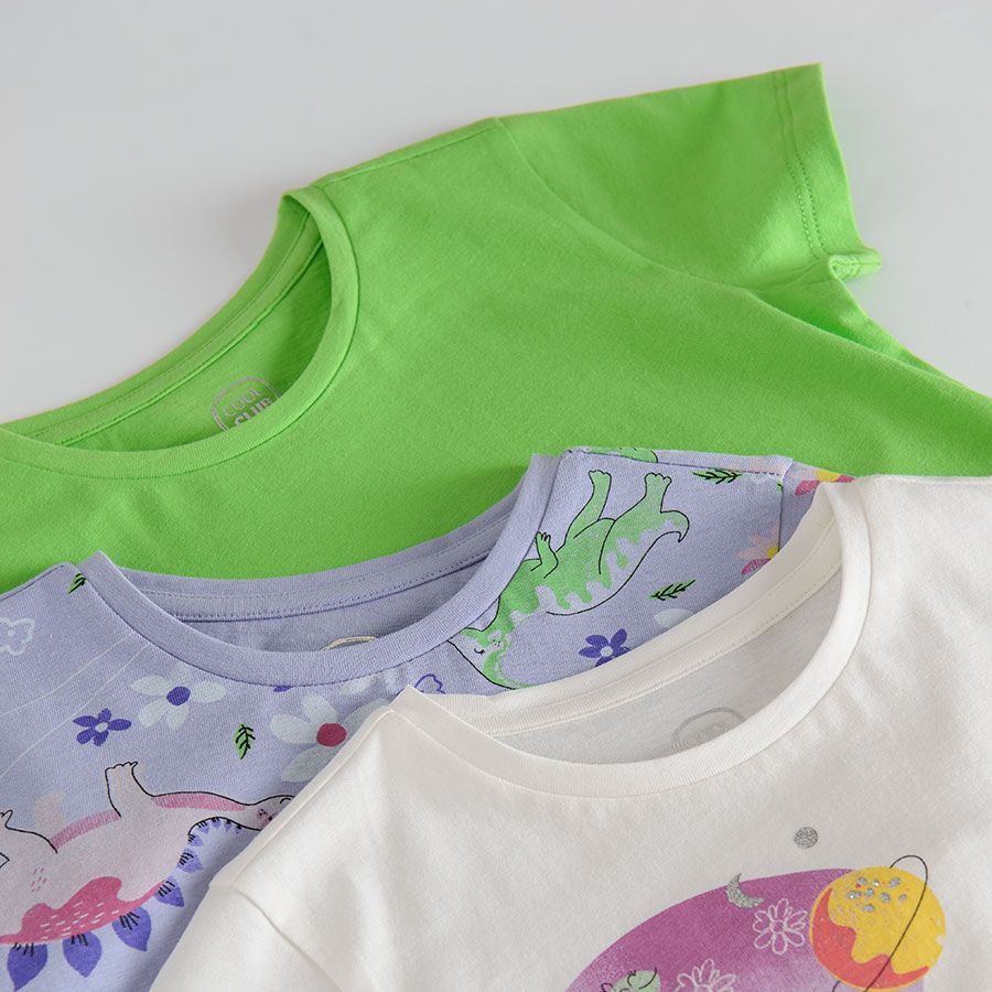 White with dinosaurs blue floral and fluo green short sleeve T-shirts -3 pack
