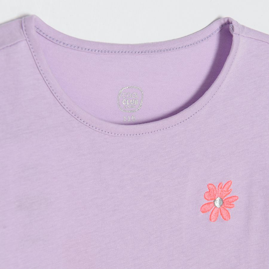 Σετ φούστα ροζ και κοντομάνικη μπλούζα μωβ με στάμπα λουλούδι