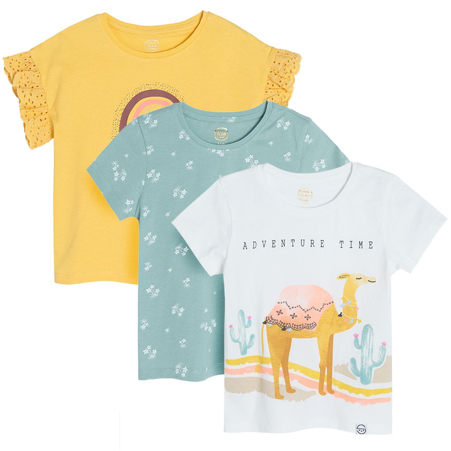 White with a camel olive with white prints and yellow with ruffle on the sleeves T-shirts - 3 pack