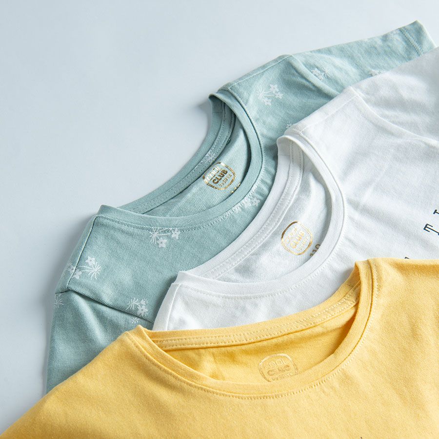 White with a camel olive with white prints and yellow with ruffle on the sleeves T-shirts - 3 pack