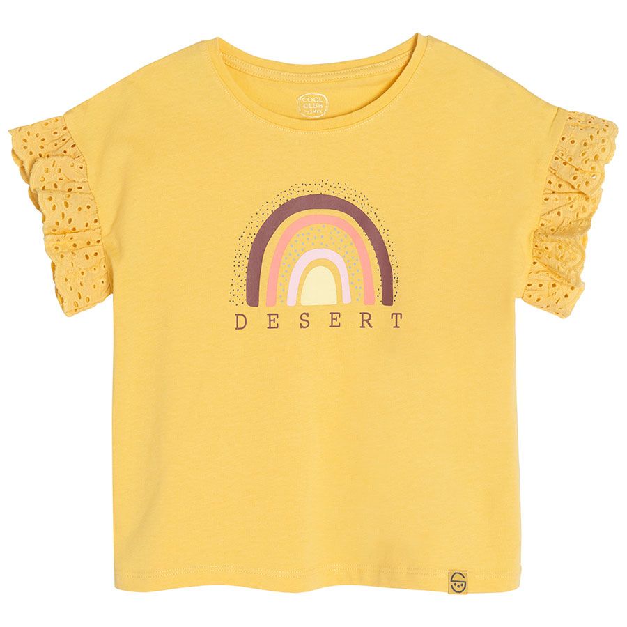 White with a camel olive with white prints and yellow with ruffle on the sleeves T-shirts - 3 pack