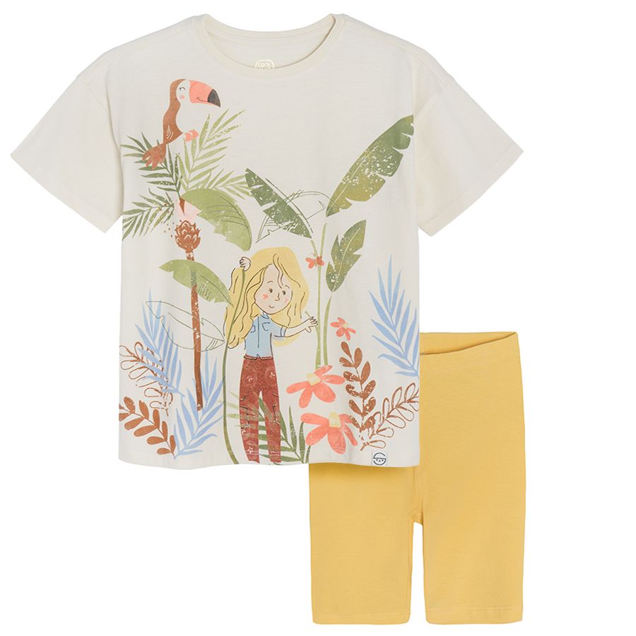 Σετ μπλούζα κοντομάνικη μπεζ με θέμα Κορίτσι στη ζούγκλα και κίτρινο κολάν κάπρι