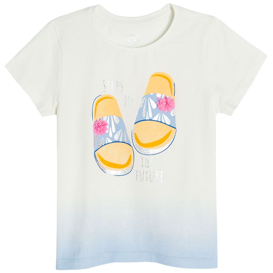 White short sleeve T-shirt with summer slippers and STEPS TO THE FUTURE print