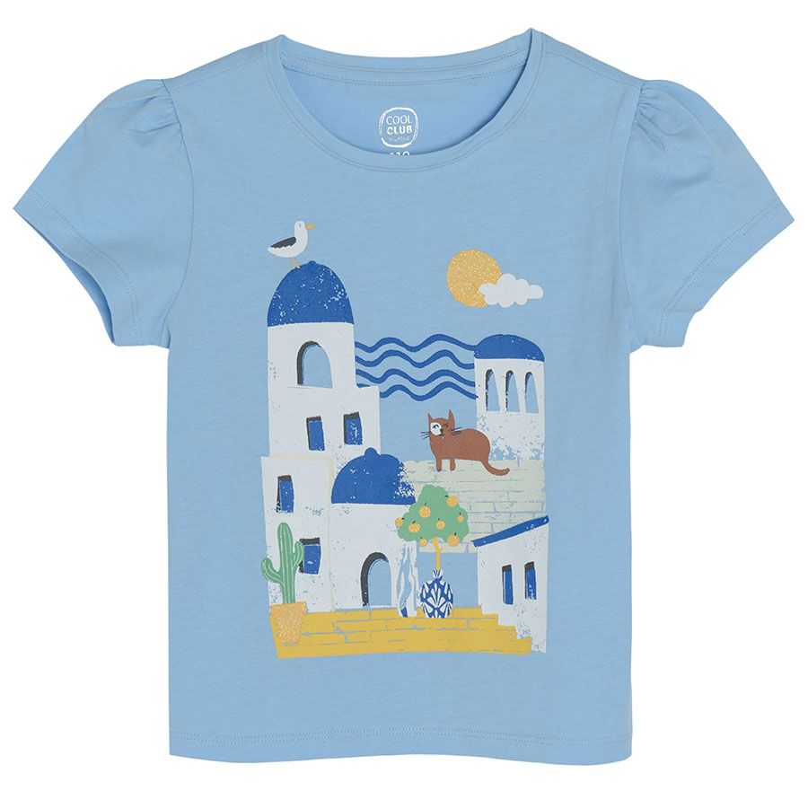 Blue with summer theme print and striped short sleeve T-shirts - 2 pack