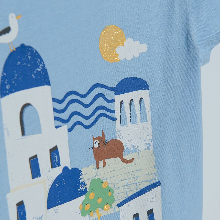 Blue with summer theme print and striped short sleeve T-shirts - 2 pack