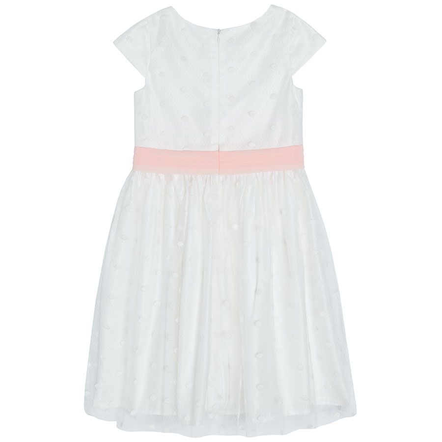 Φόρεμα αμάνικο λευκό πουά με ροζ ζώνη