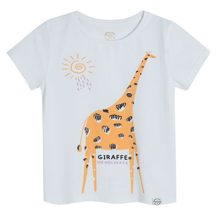 Μπλούζα κοντομάνικη λευκή με στάμπα Giraffe on holidays