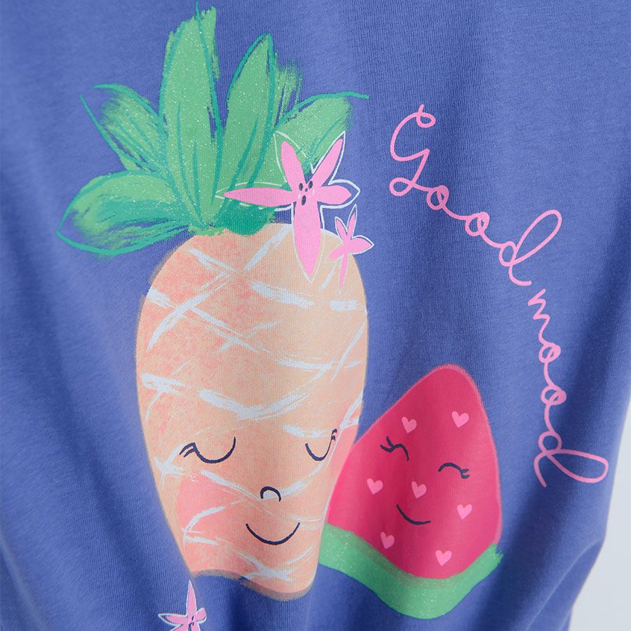 Violet short sleeve T-shirt with pineapple and watermelon print and knot on the front