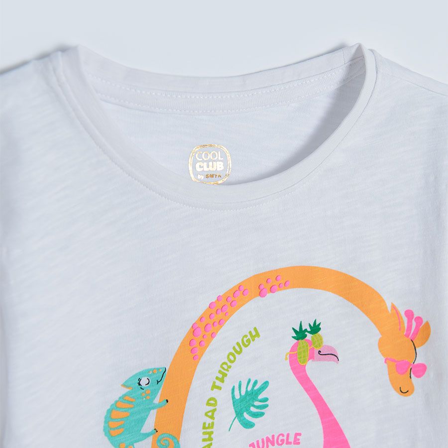 White with animals pink with tropical leaves and yellow short sleeve T-shirts- 3 pack
